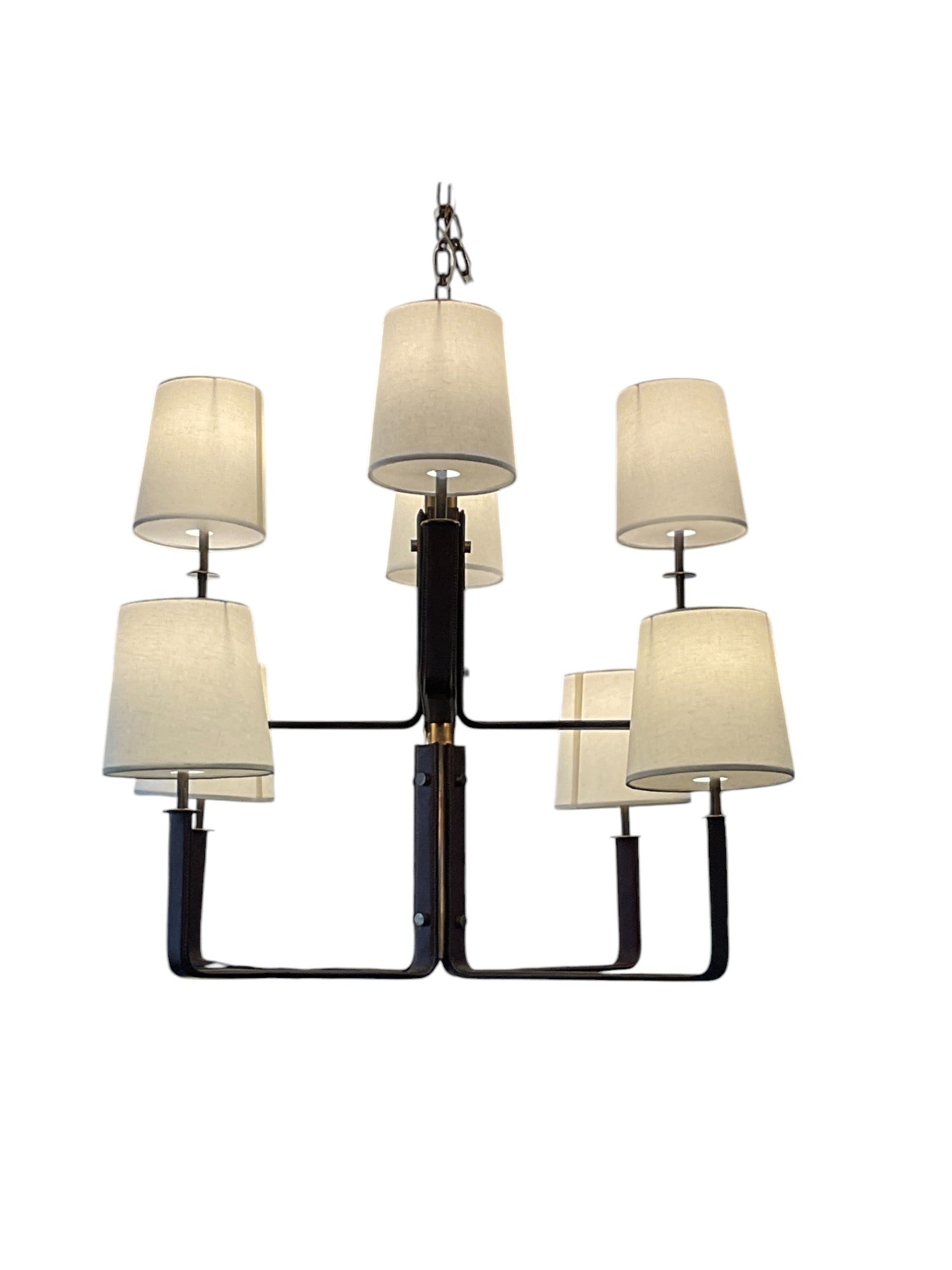 Lucca Studio Serge of Bronze and Leather Chandelier With Linen Shades