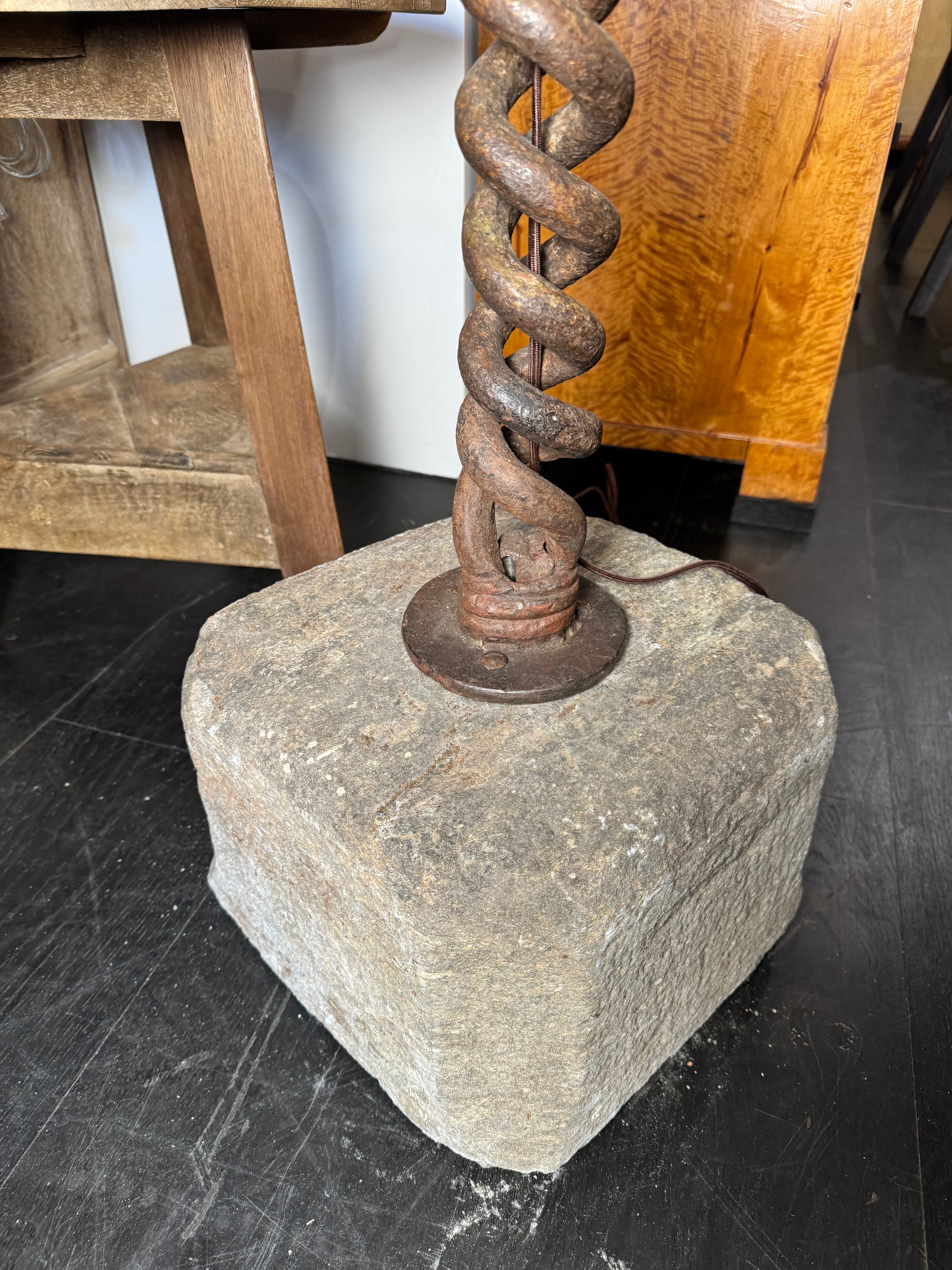 Massive 17c Wrought Iron & Stone Floor Lamp