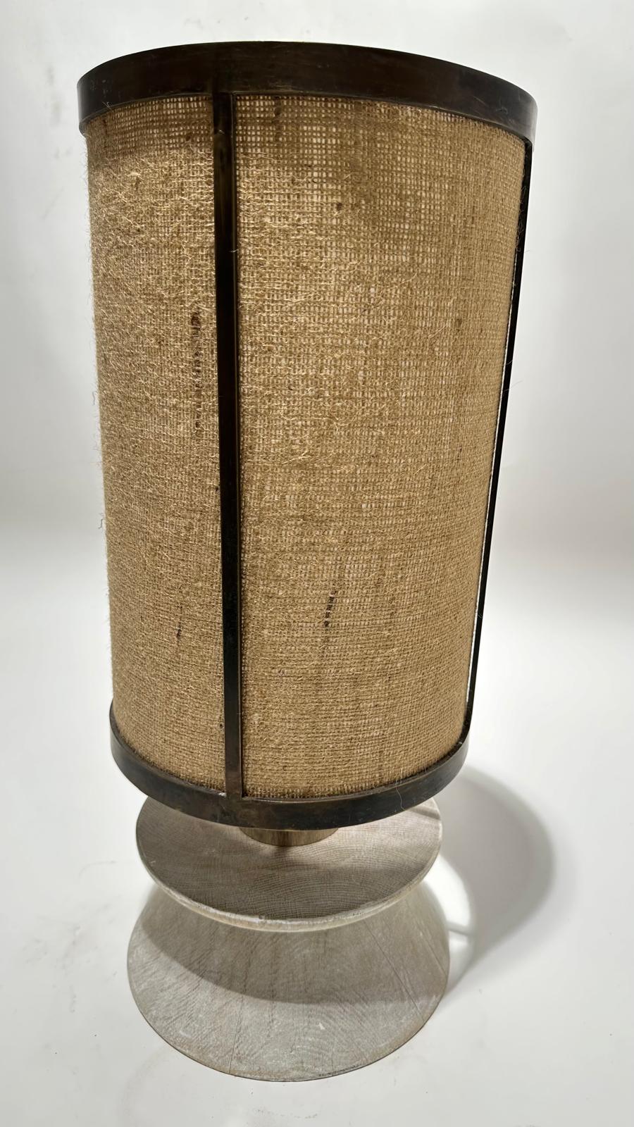 Limited Edition Bronze Lamp with Custom Burlap Shade and Oak