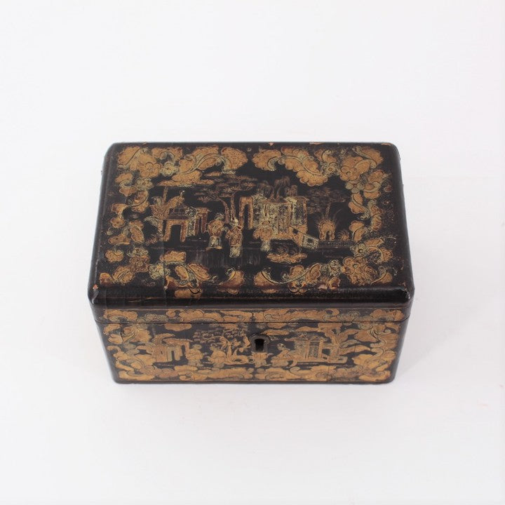 English Chinoiserie Black Lacquer & Gilt Decorated Box