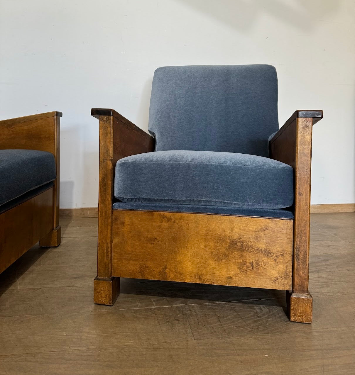 Pair of Swedish 1930's Burl Wood  Arm Chair in Italian Mohair