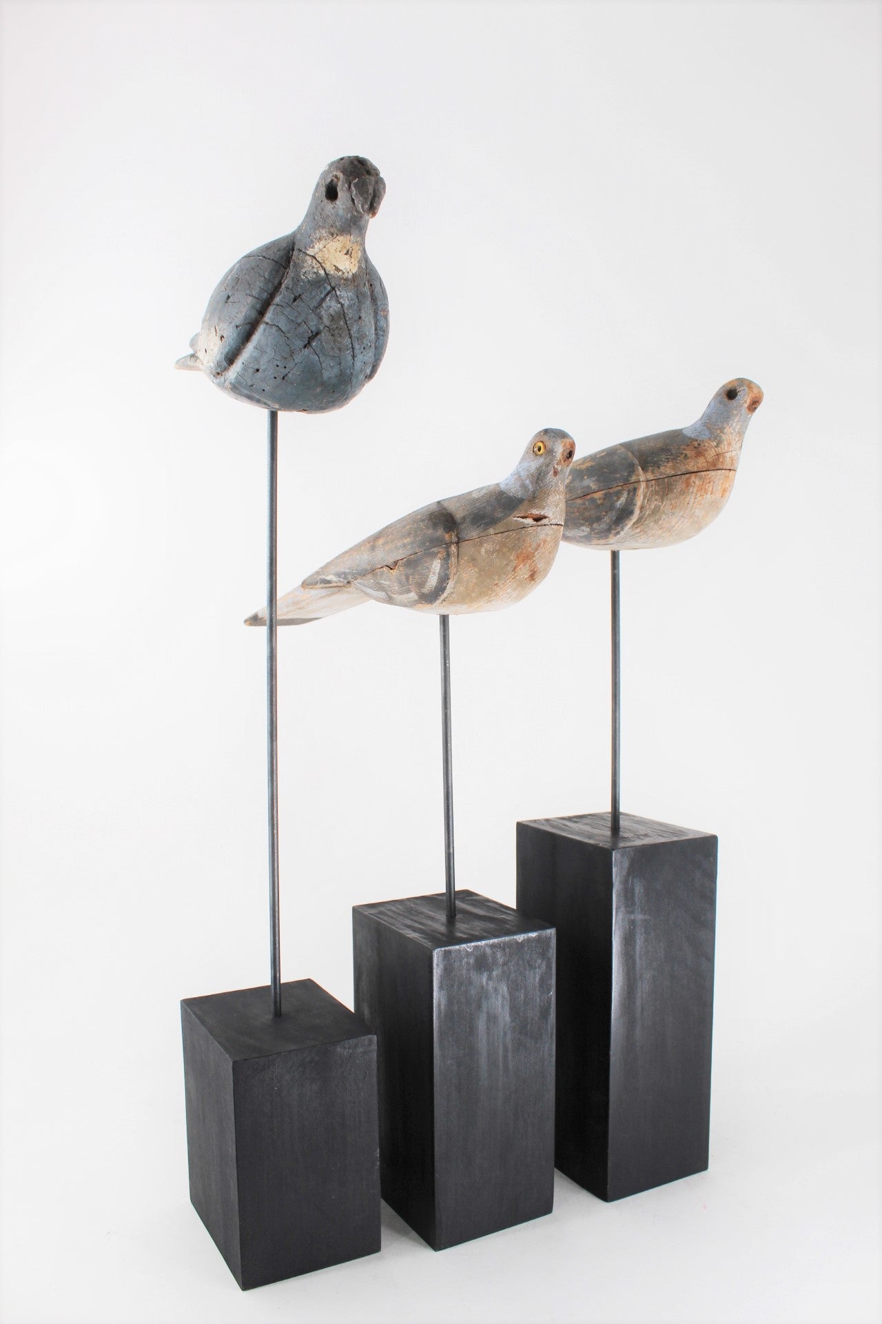 Set of 3 Wooden Primitive Birds on Stands