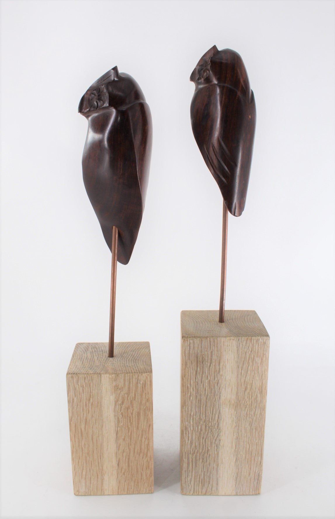 Pair of Sculpted Wooden Owls on Stands