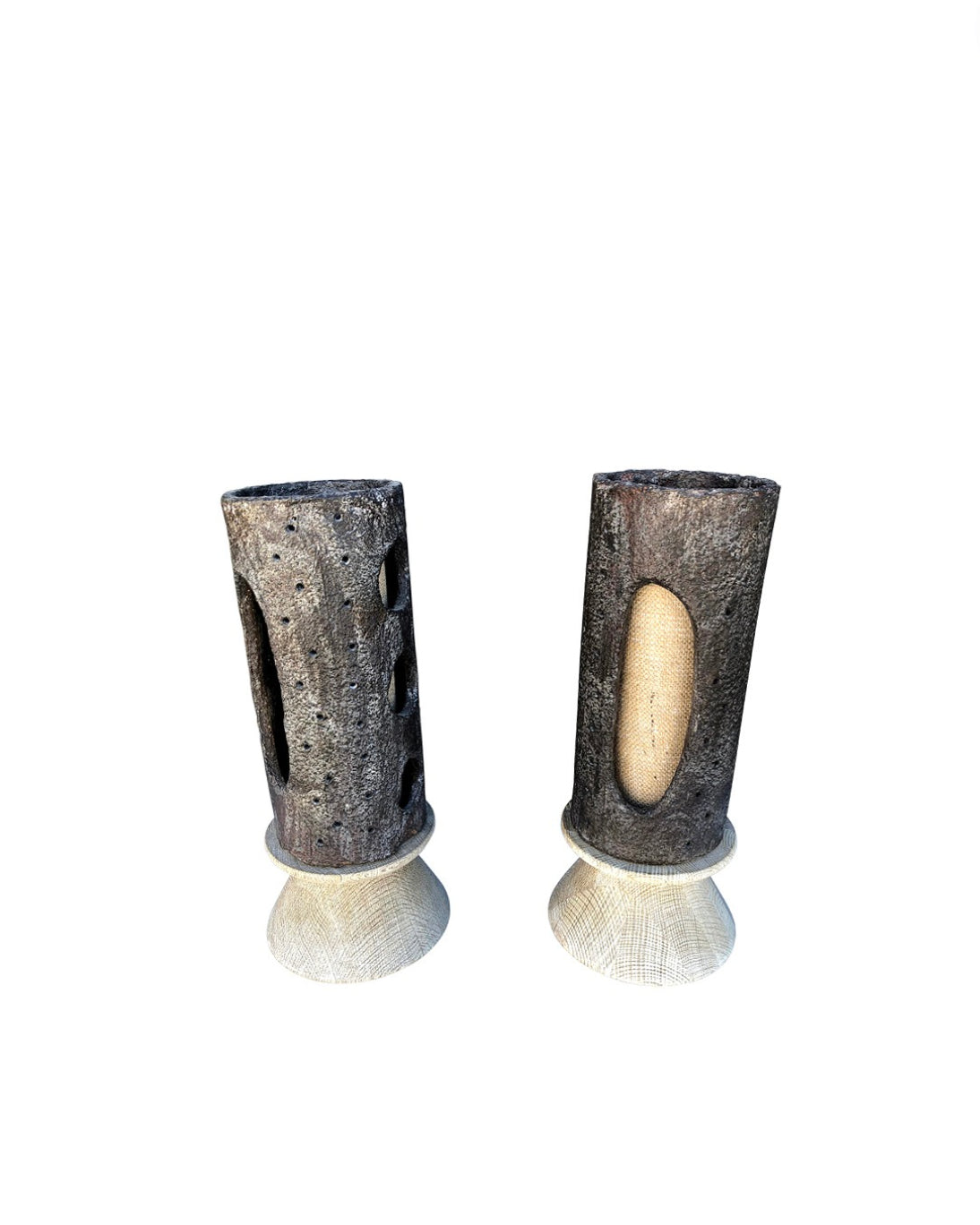 Pair of Limited Edition Ceramic and Oak Base Lamps