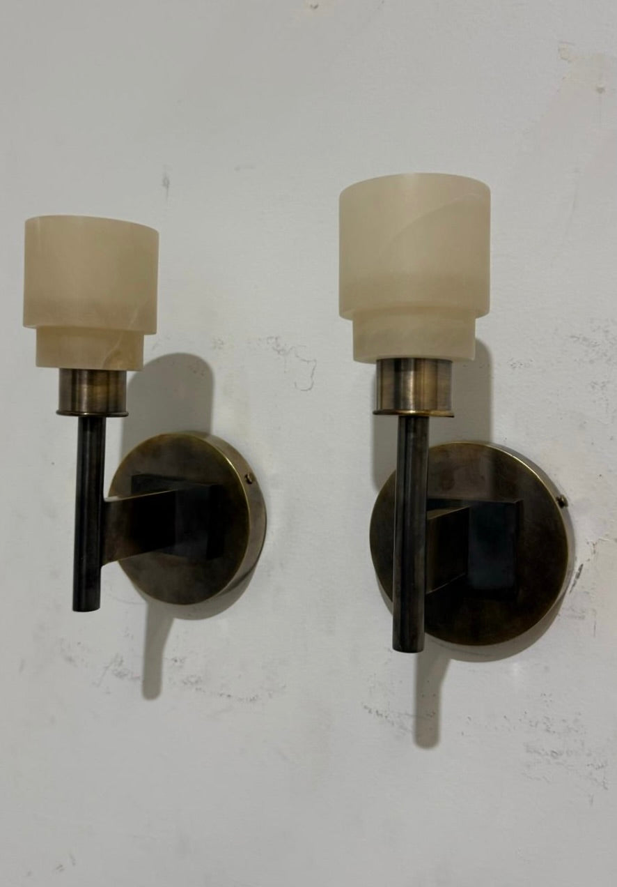 Lucca Studio Pair of Georgie Alabaster and Bronze Sconces