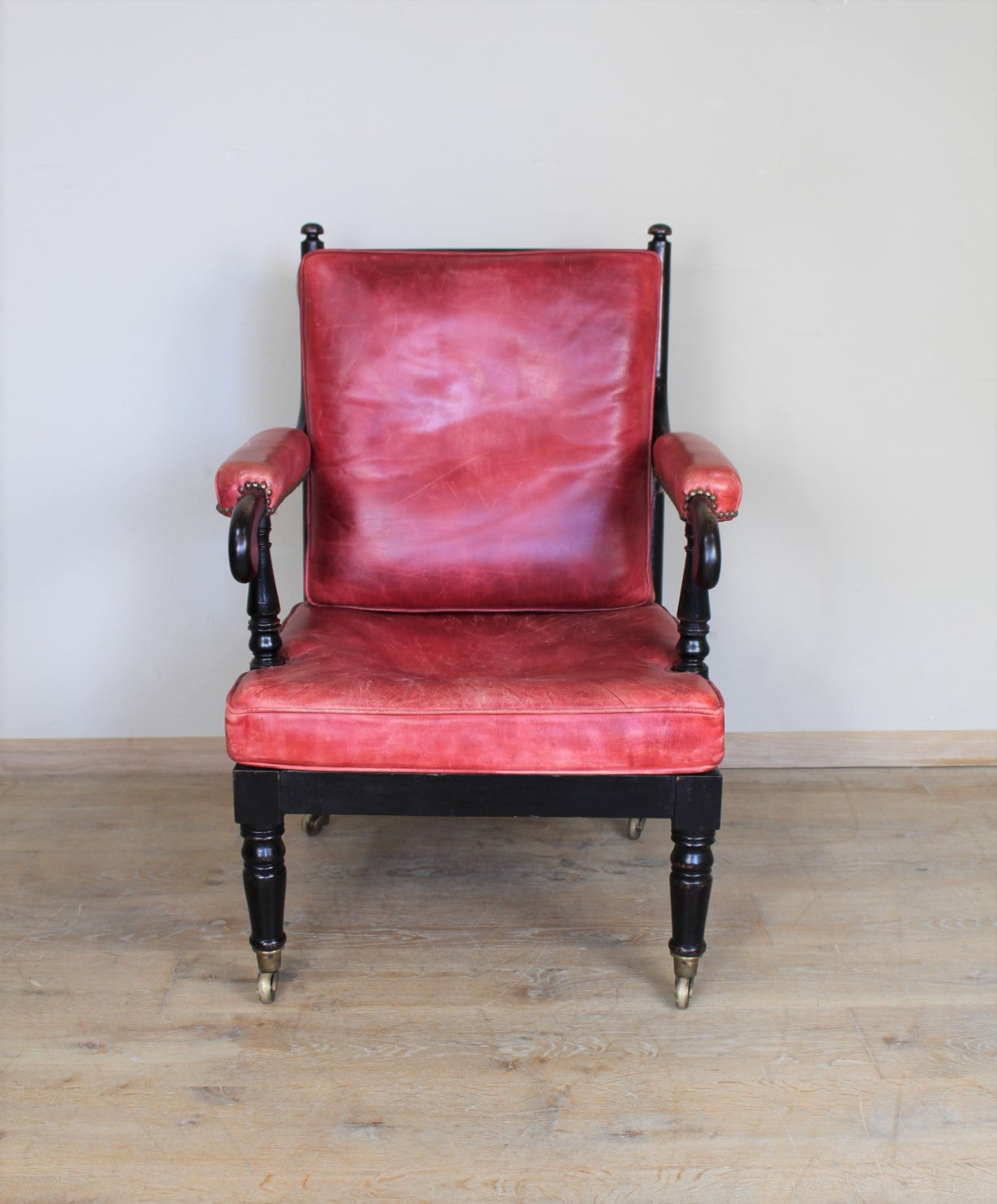 19th Century Ebonized English Bobbin Arm Chairs in Red Leather