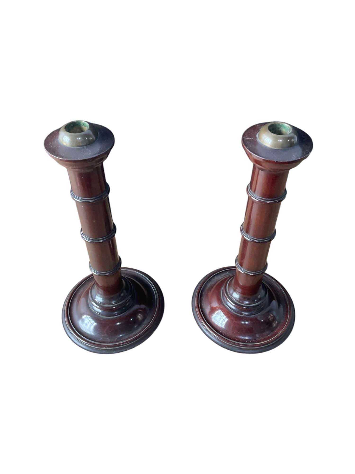 A Pair of English Wood Faux Bamboo Candlesticks