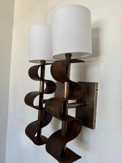 Pair of Lucca Studio Currier Sconces in Bronze and Leather