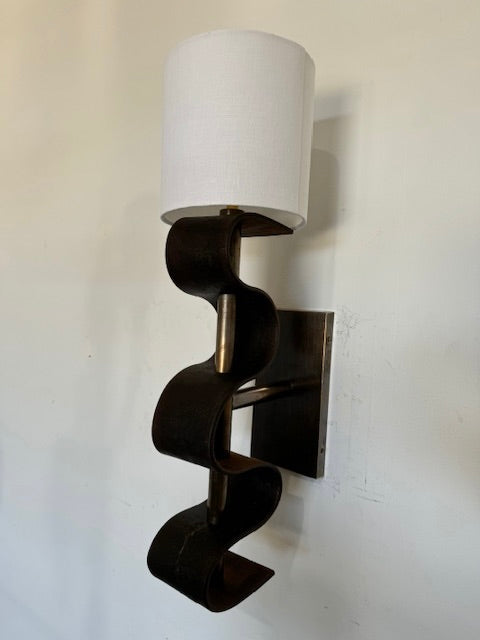 Pair of Lucca Studio Currier Sconces in Bronze and Leather