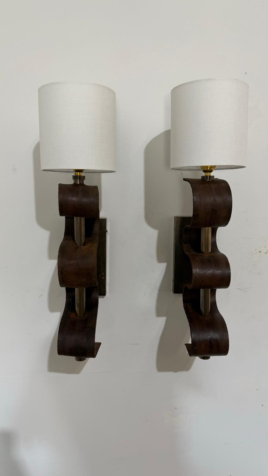 Pair of Lucca Studio Currier Sconces in Bronze and Leather