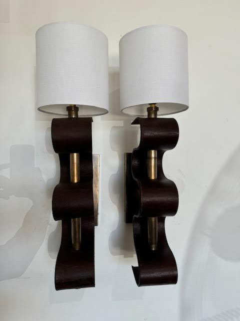 Pair of Lucca Studio Currier Sconces in Bronze and Leather