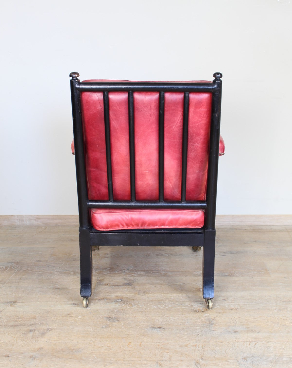 19th Century Ebonized English Bobbin Arm Chairs in Red Leather