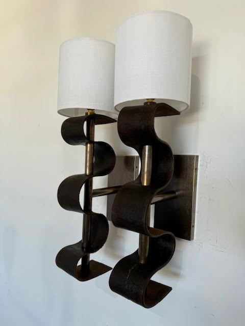 Pair of Lucca Studio Currier Sconces in Bronze and Leather