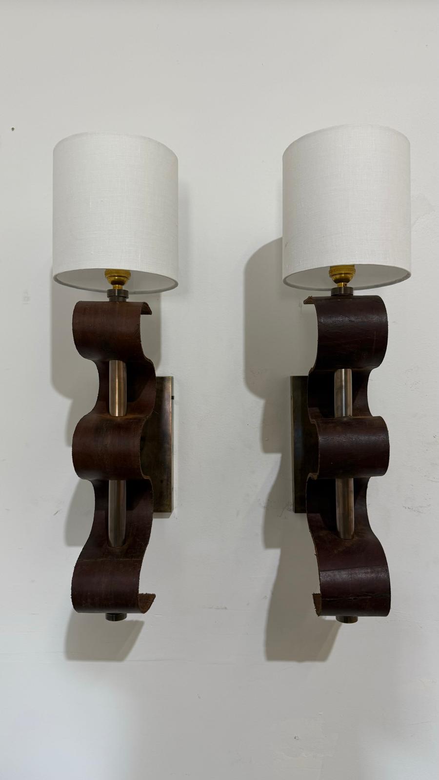 Pair of Lucca Studio Currier Sconces in Bronze and Leather