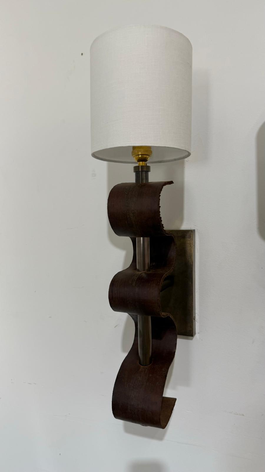 Pair of Lucca Studio Currier Sconces in Bronze and Leather