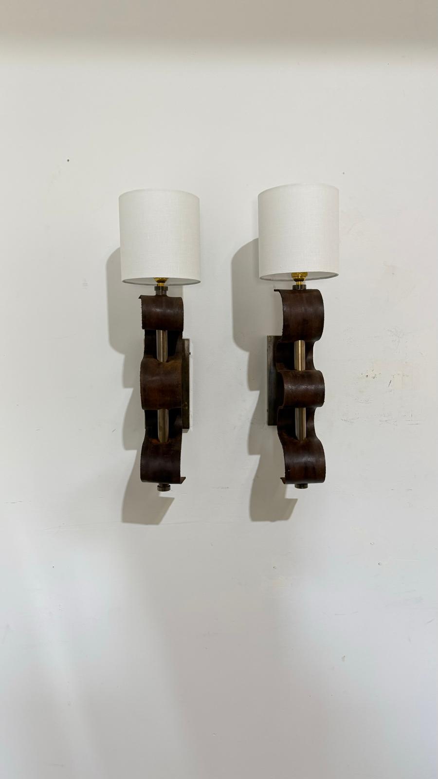 Pair of Lucca Studio Currier Sconces in Bronze and Leather