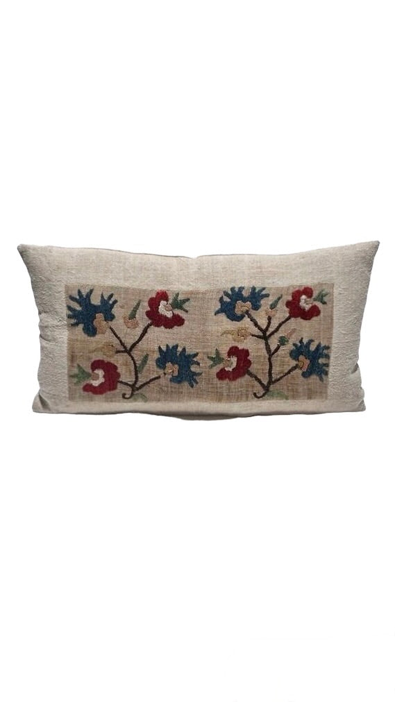 18th Century Turkish Embroidery Silk and Linen Textile Pillow