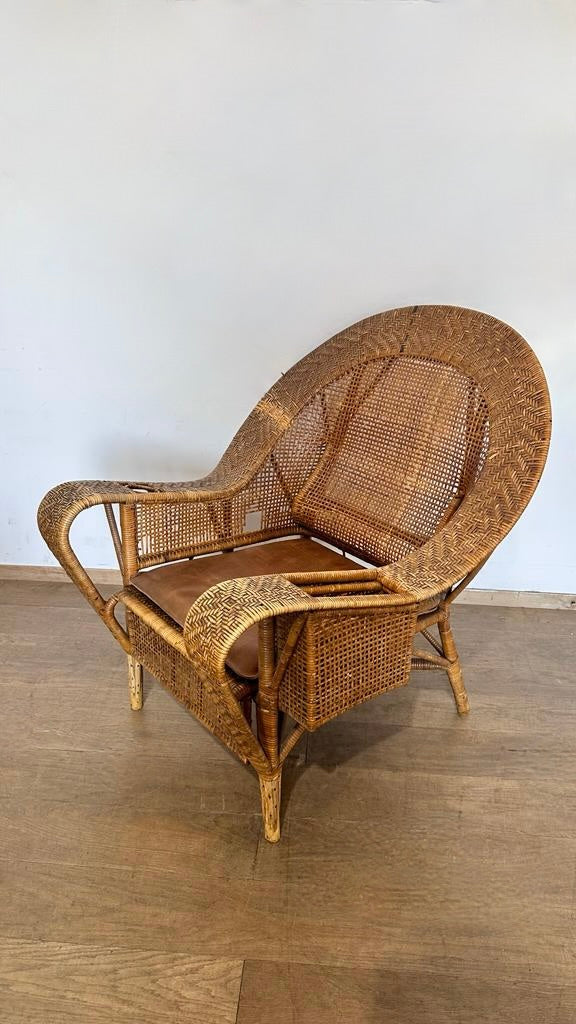 French Rattan Arm Chair with Leather Seat Cushion