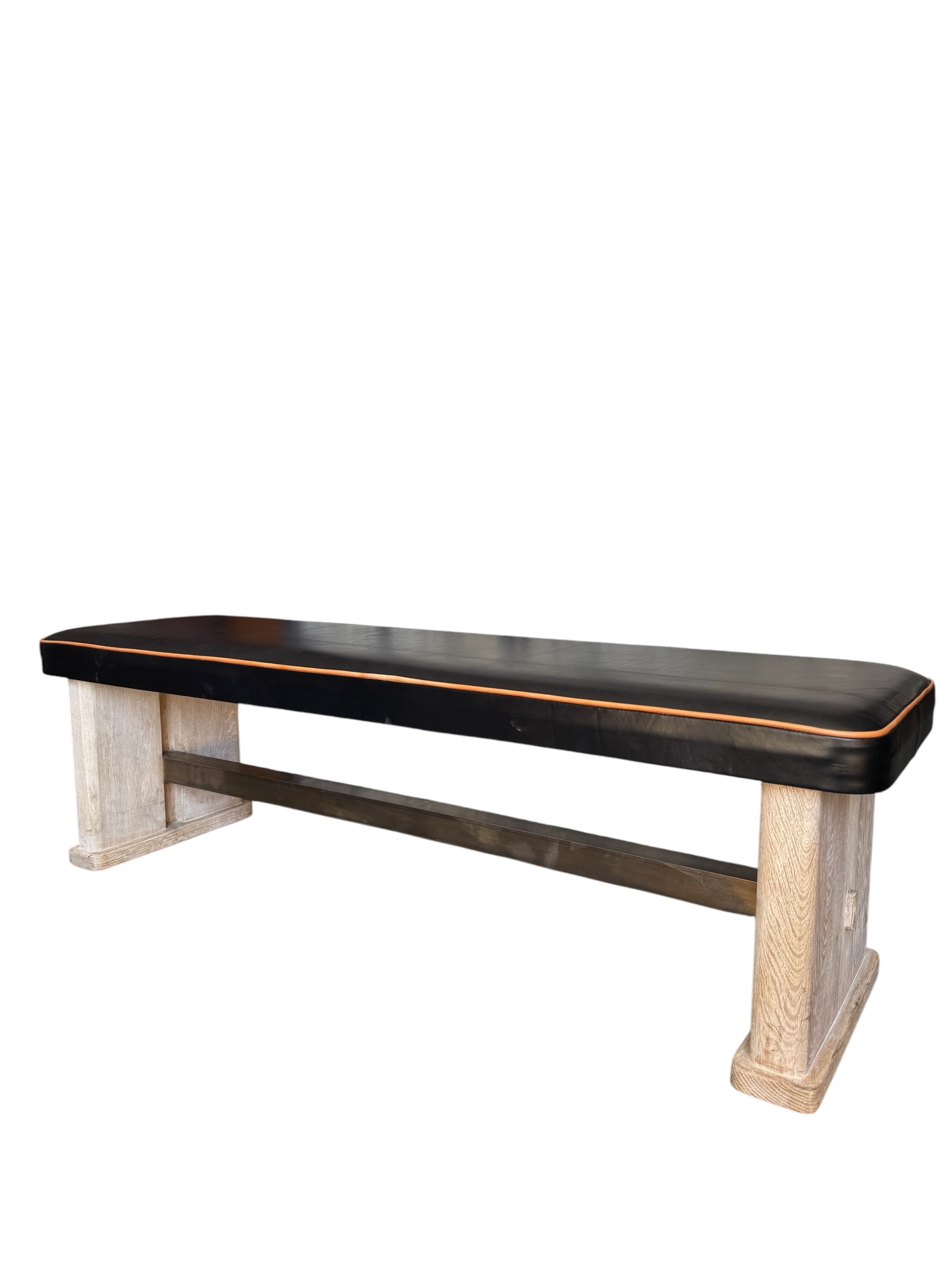 Limited Edition Solid Oak, Bronze and Stitched Leather Top Bench