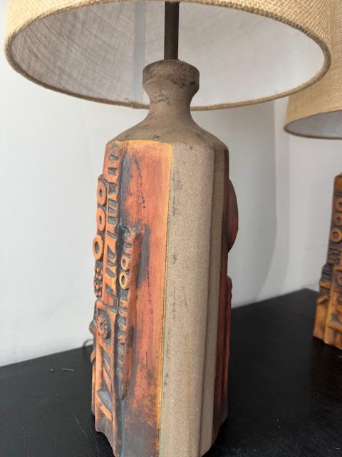 Pair of Studio Ceramic Lamps with Custom Burlap Shades