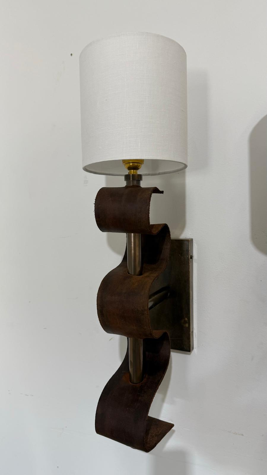 Pair of Lucca Studio Currier Sconces in Bronze and Leather