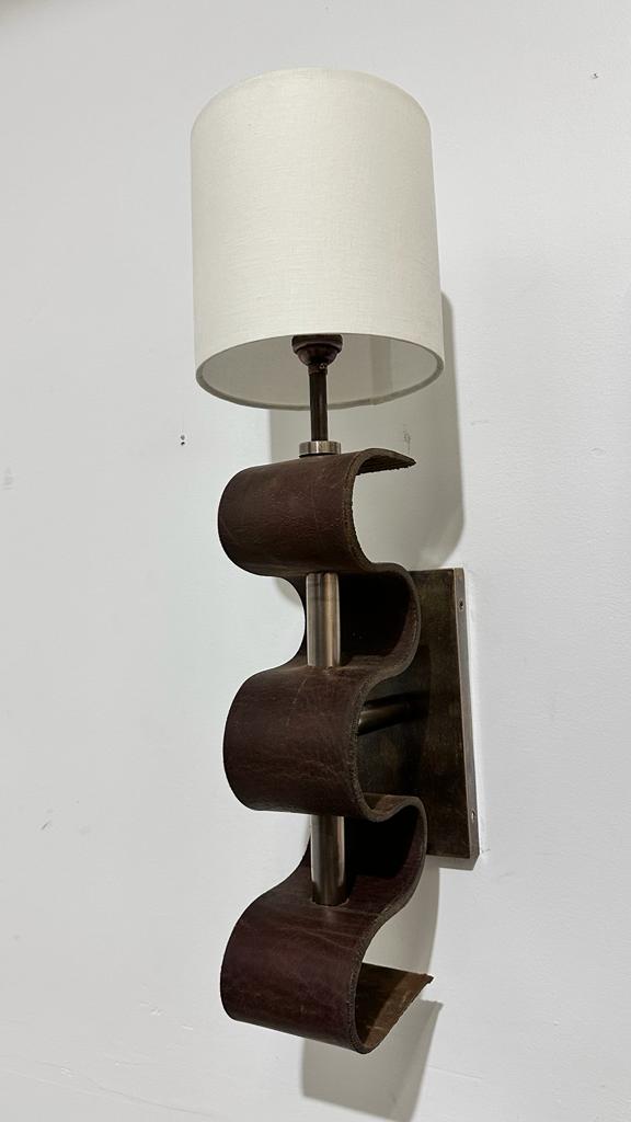 Pair of Lucca Studio Currier Sconces in Bronze and Leather