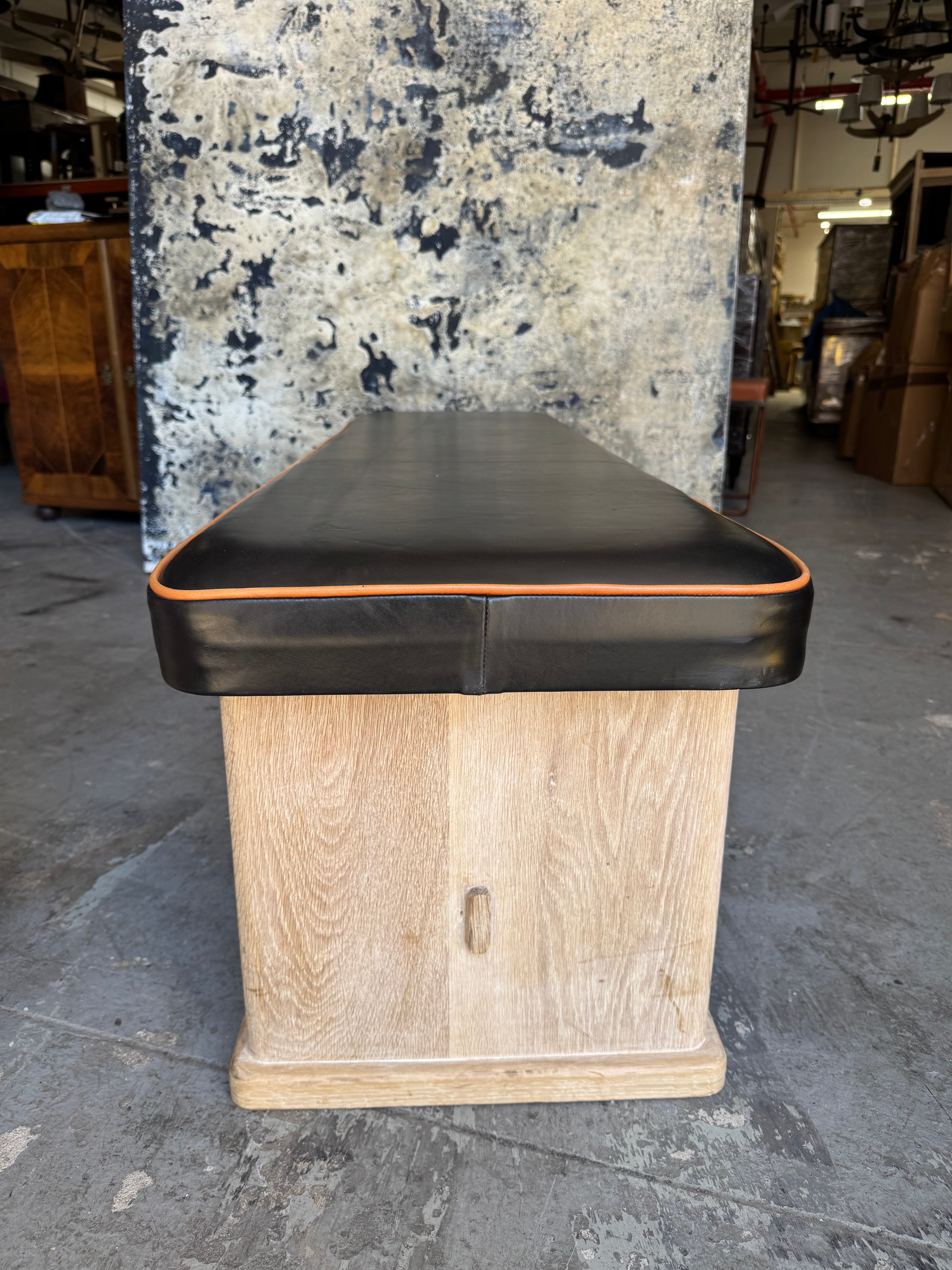 Limited Edition Solid Oak, Bronze and Stitched Leather Top Bench