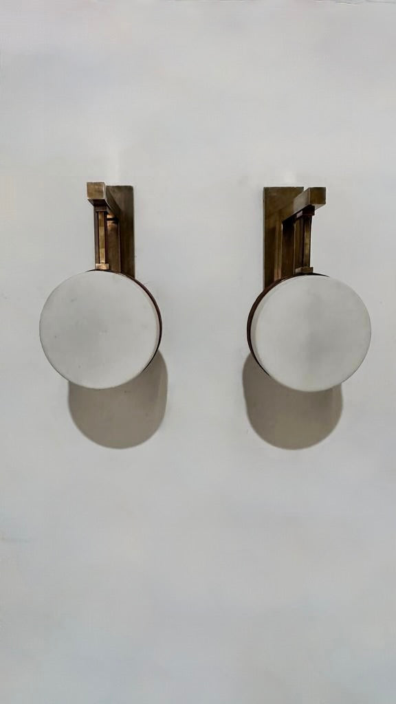 Pair of Lucca Limited Edition Glass, Leather and Brass Hanging Sconces