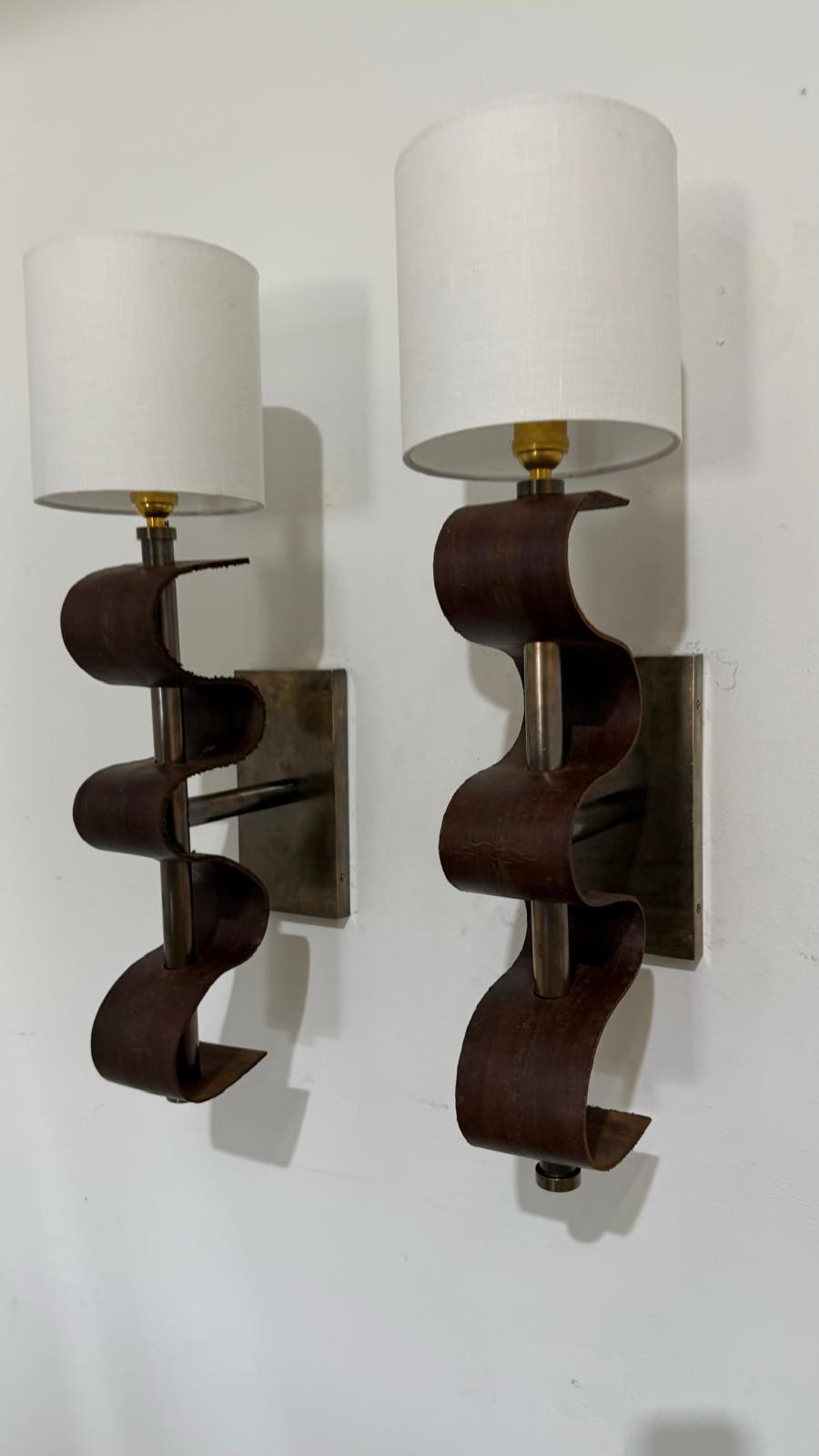 Pair of Lucca Studio Currier Sconces in Bronze and Leather