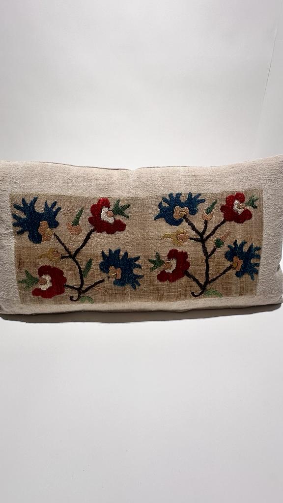 18th Century Turkish Embroidery Silk and Linen Textile Pillow