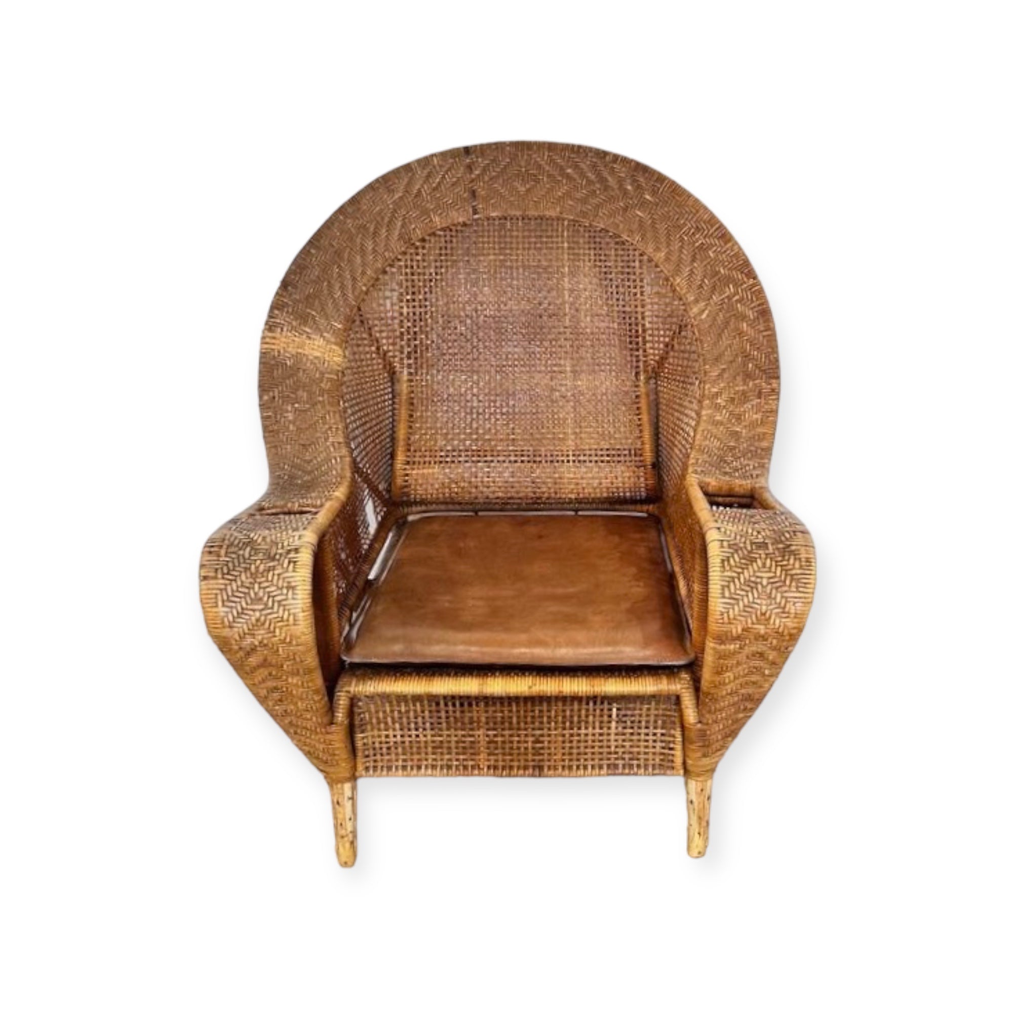 French Rattan Arm Chair with Leather Seat Cushion