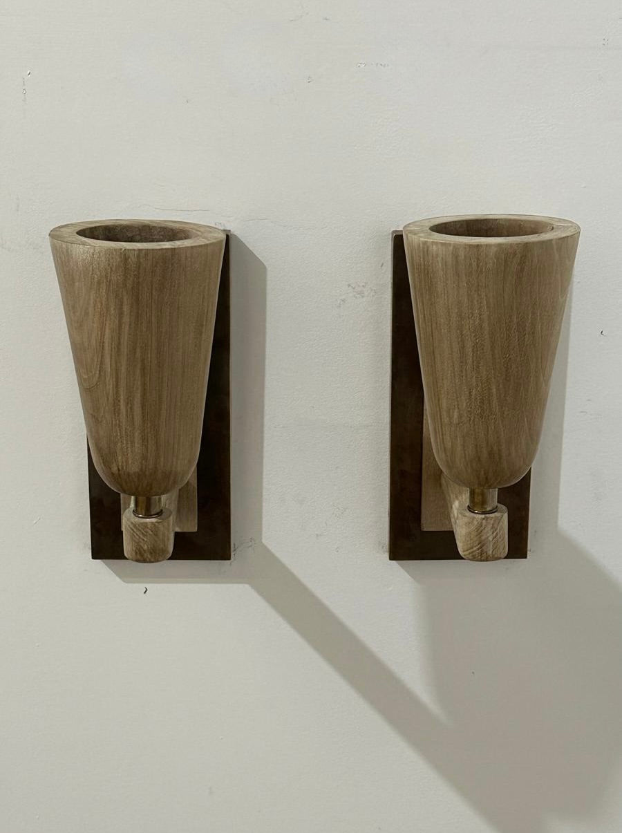 Pair of Limited Edition Walnut and Bronze Sconces