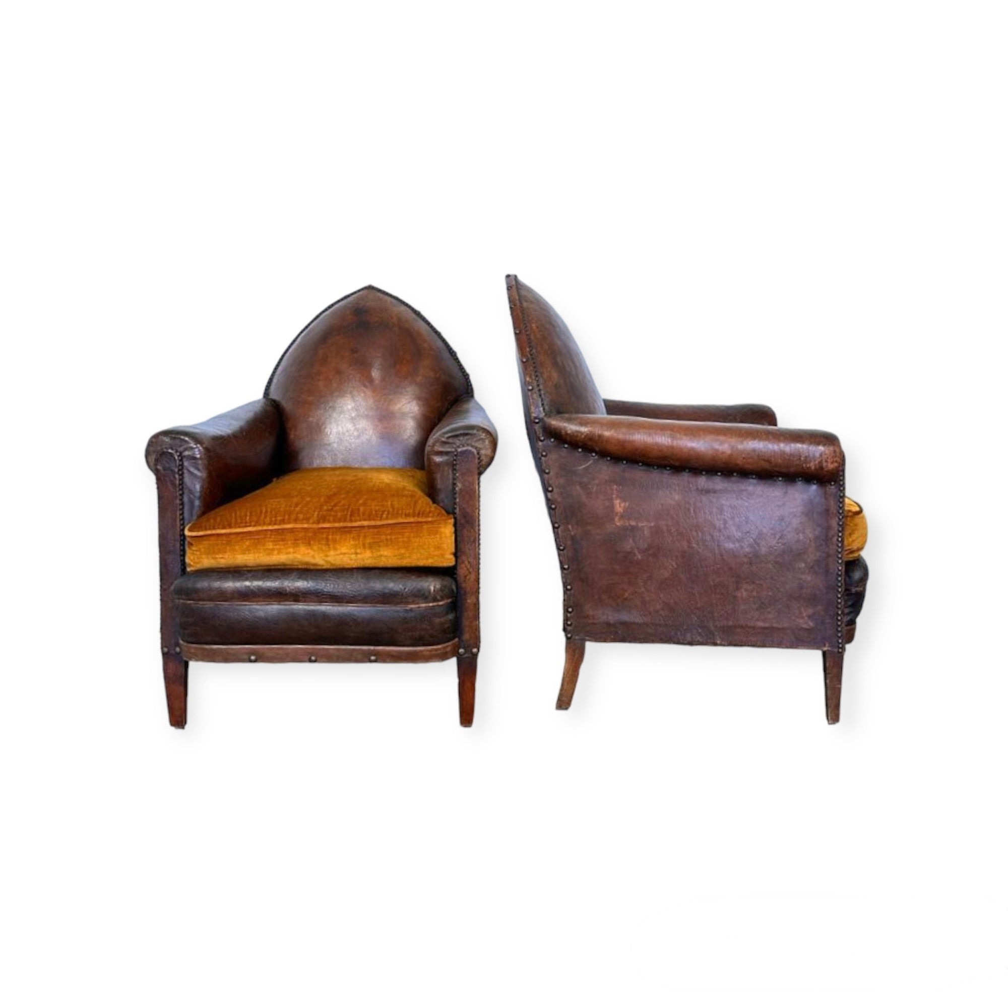 Exceptional French "Gothic" Leather Club Chairs