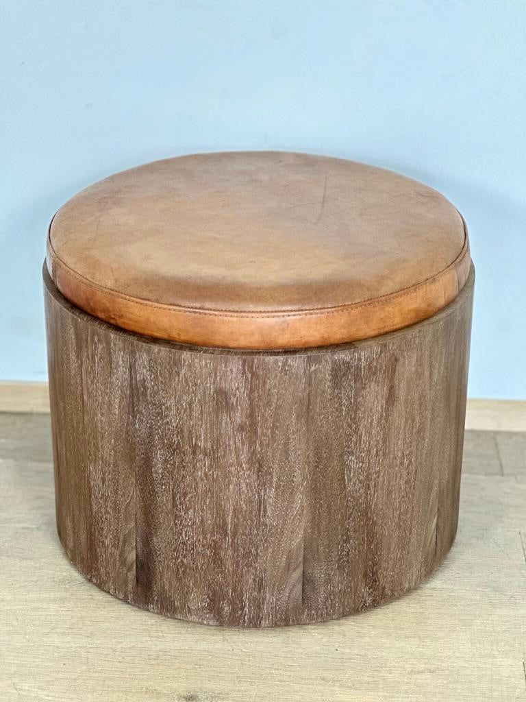 Lucca Studio Douglas Oak and Leather Top Ottoman/Stool