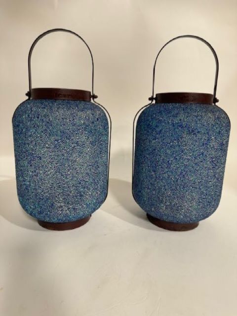 Pair of Japanese Vintage Glass and Metal Lanterns