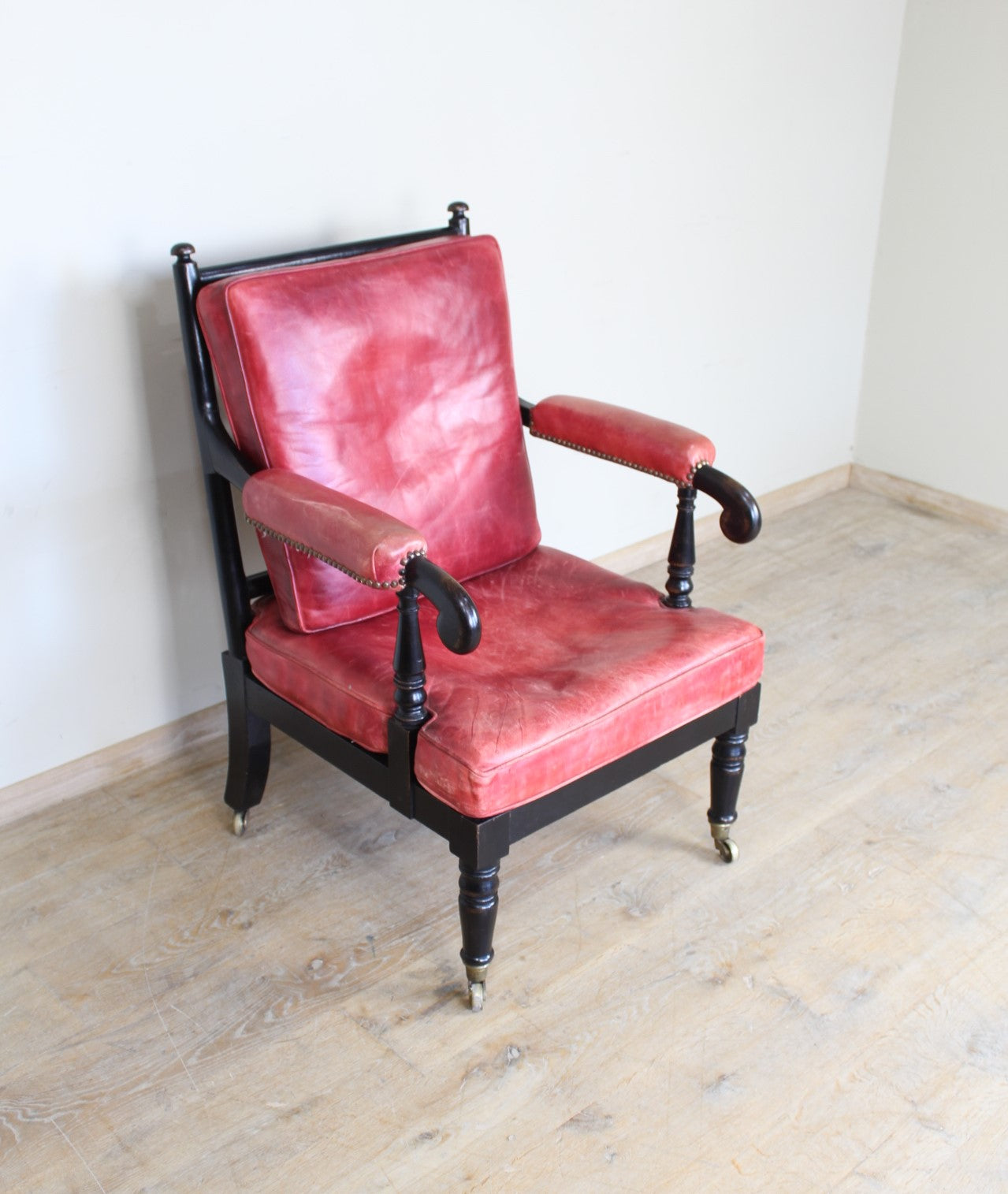 19th Century Ebonized English Bobbin Arm Chairs in Red Leather