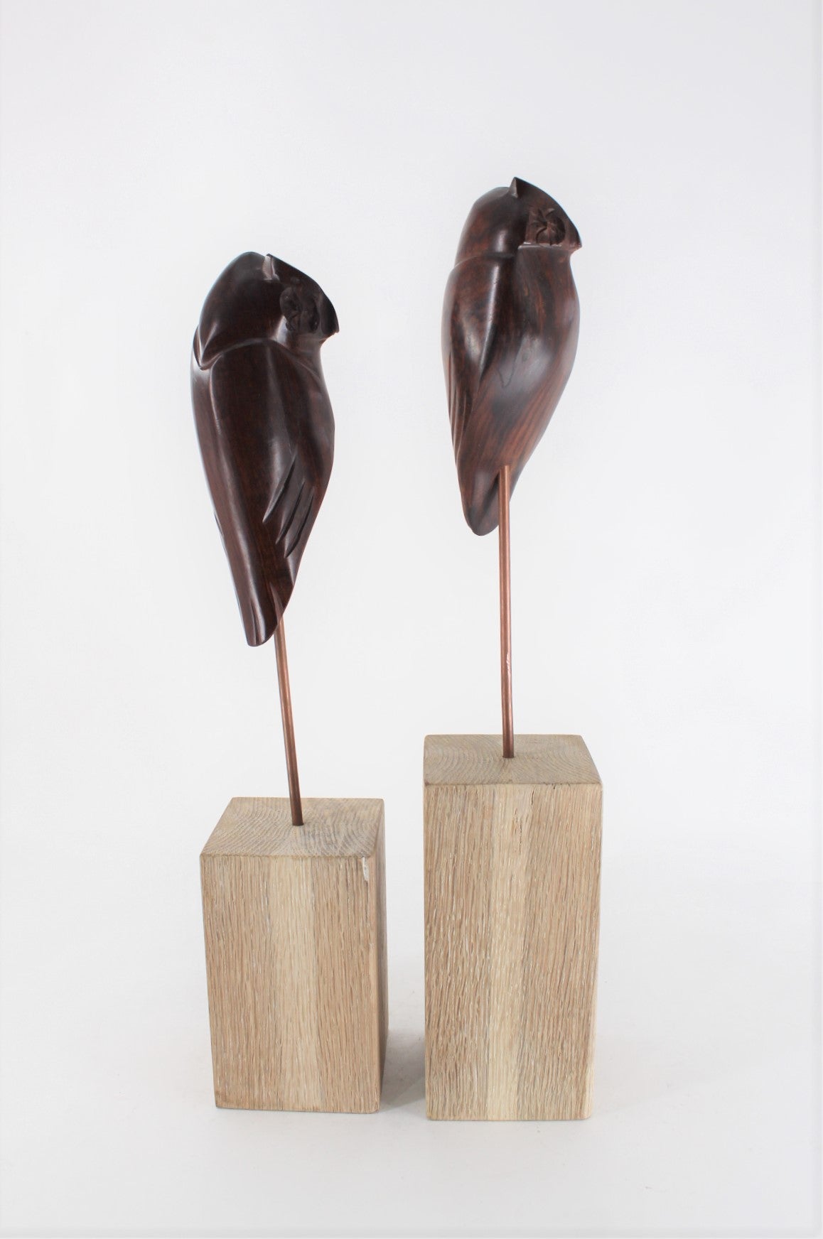 Pair of Sculpted Wooden Owls on Stands