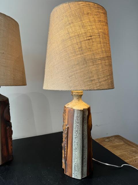 Pair of Studio Ceramic Lamps with Custom Burlap Shades