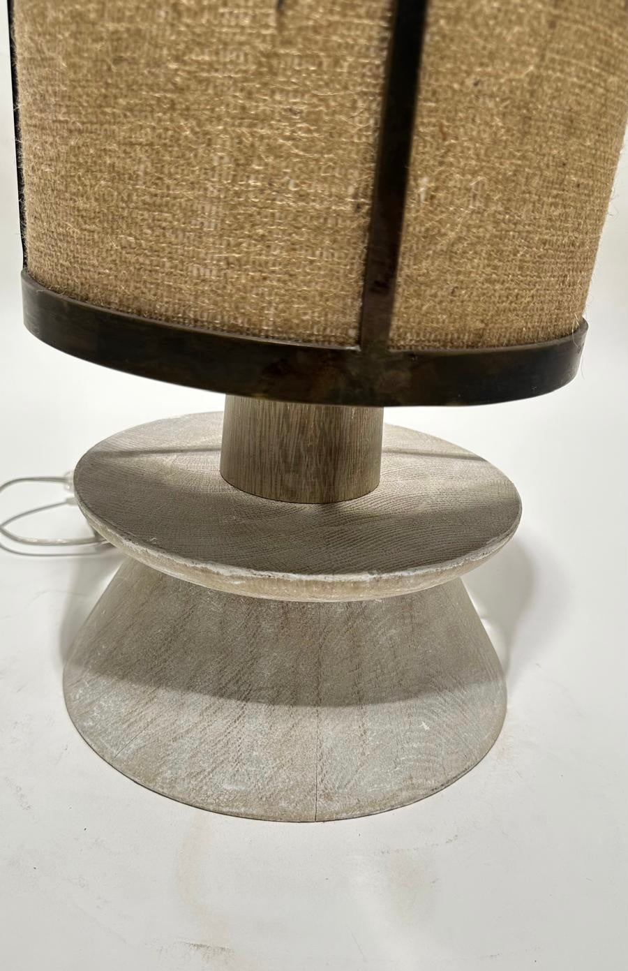 Limited Edition Bronze Lamp with Custom Burlap Shade and Oak