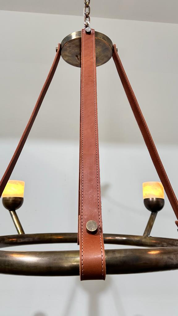 Limited Edition Bronze and Saddle Leather Loos Chandelier (4) Light