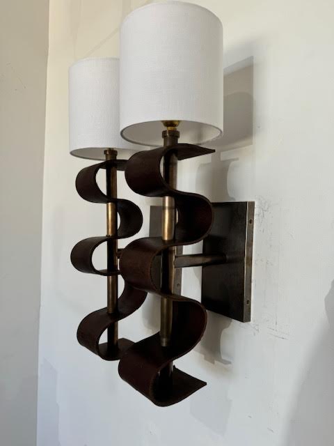 Pair of Lucca Studio Currier Sconces in Bronze and Leather