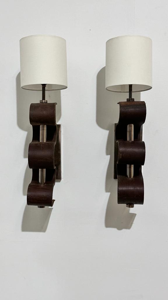 Pair of Lucca Studio Currier Sconces in Bronze and Leather