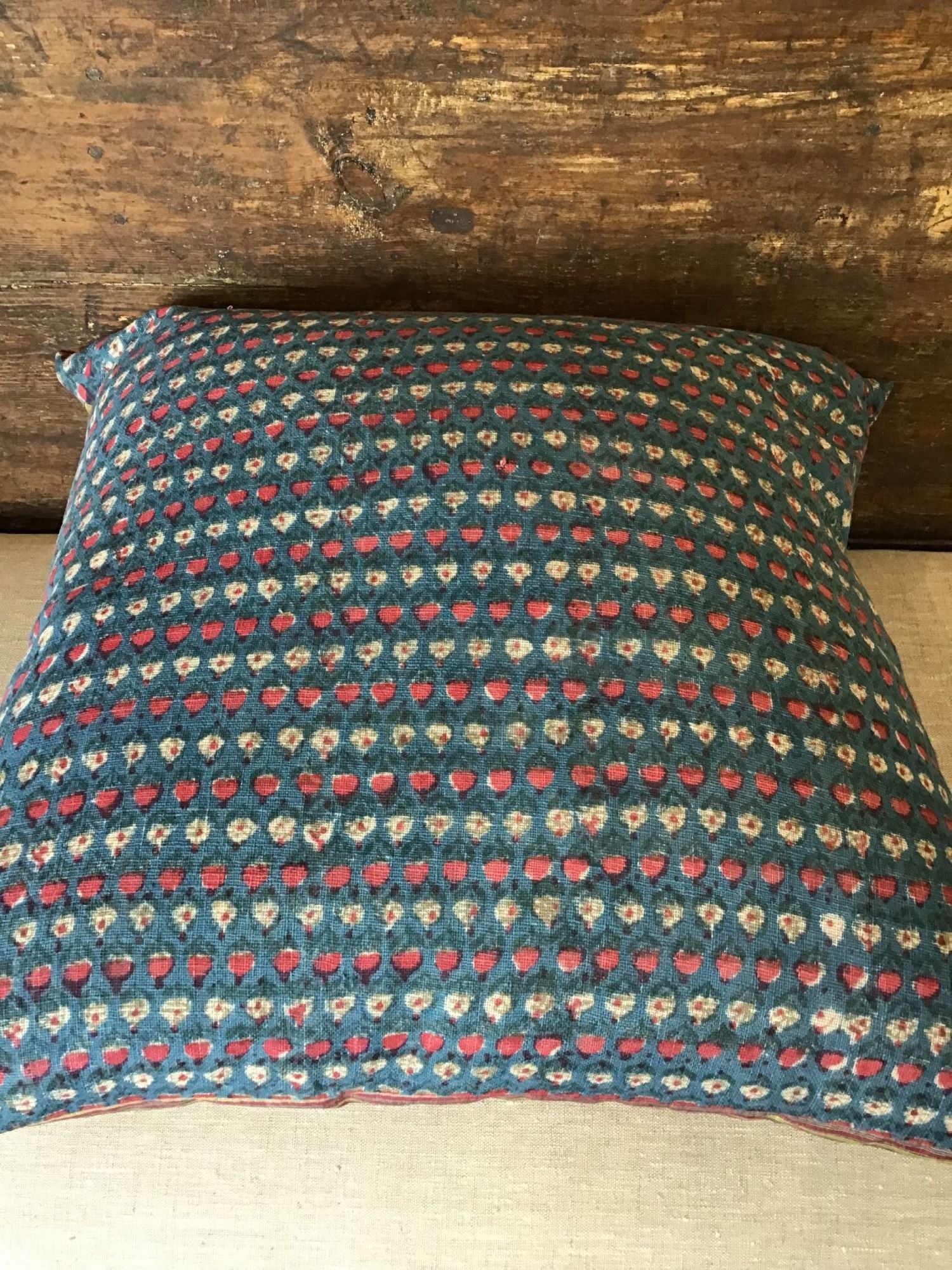 Limited Edition Antique Wood Block and Striped Textile Pillow