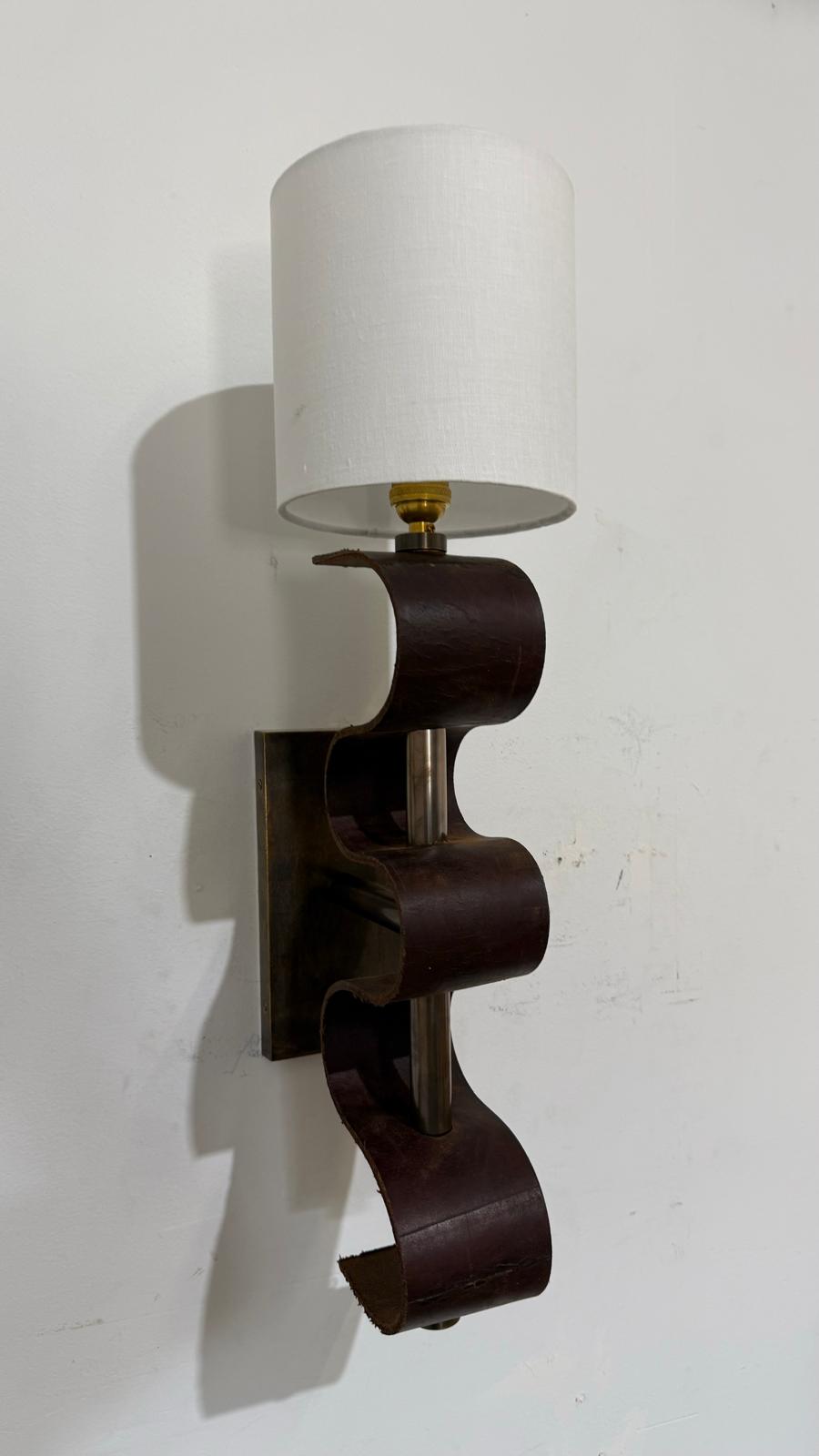 Pair of Lucca Studio Currier Sconces in Bronze and Leather