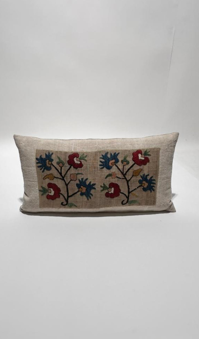 18th Century Turkish Embroidery Silk and Linen Textile Pillow