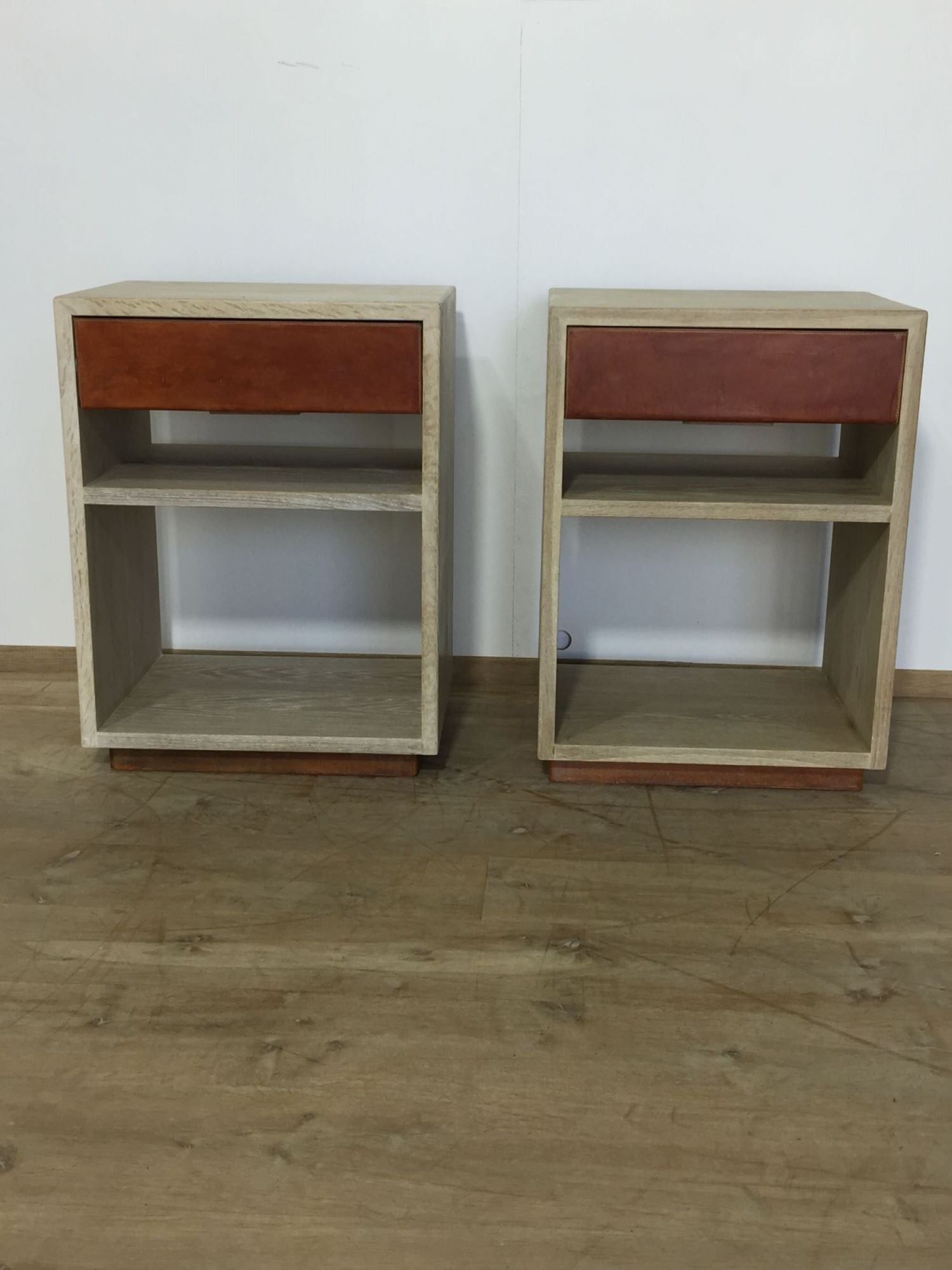 Lucca Studio Pair of Alton Oak and Vintage Leather Drawer Night Stands