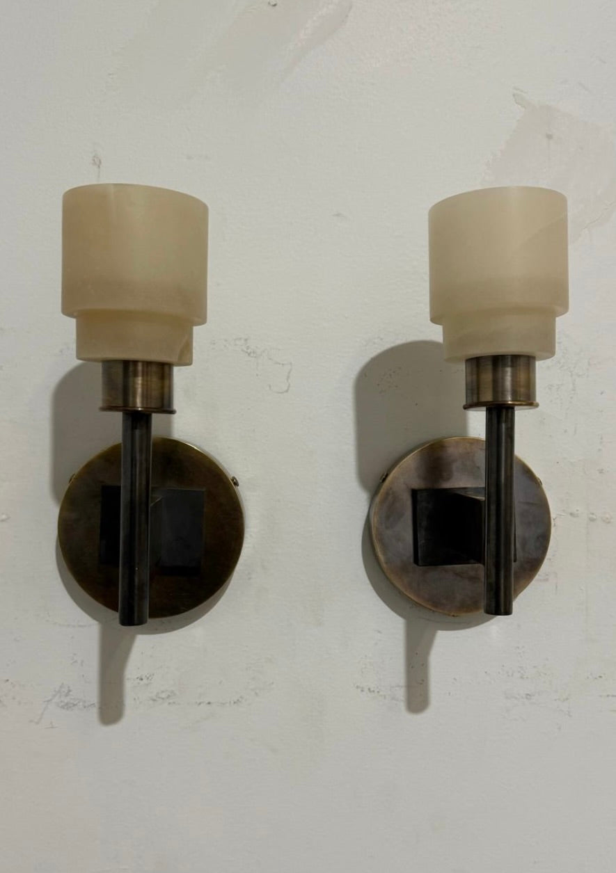 Lucca Studio Pair of Georgie Alabaster and Bronze Sconces