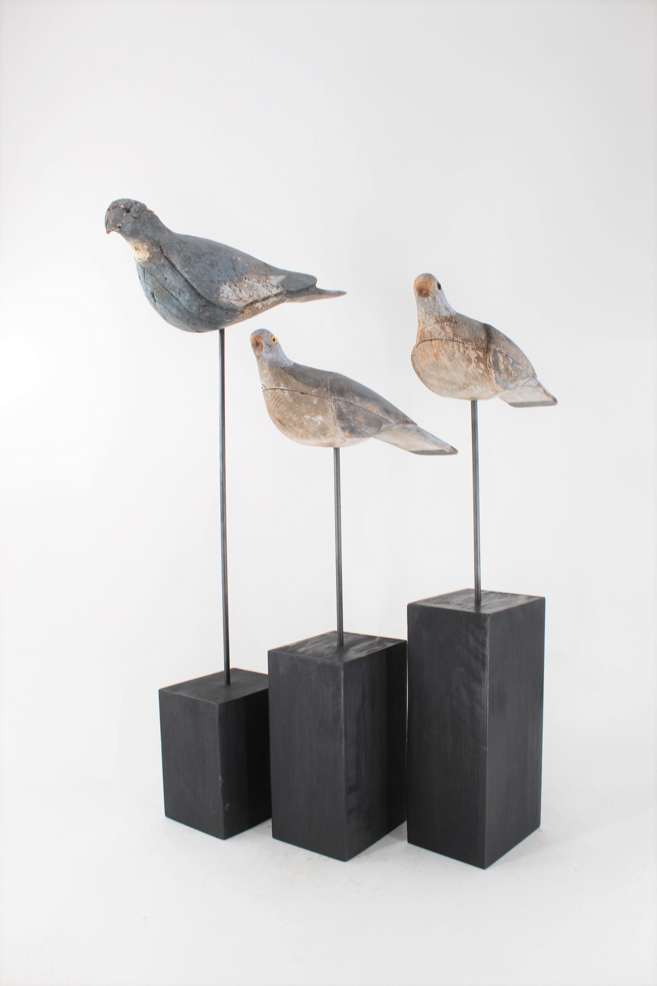 Set of 3 Wooden Primitive Birds on Stands