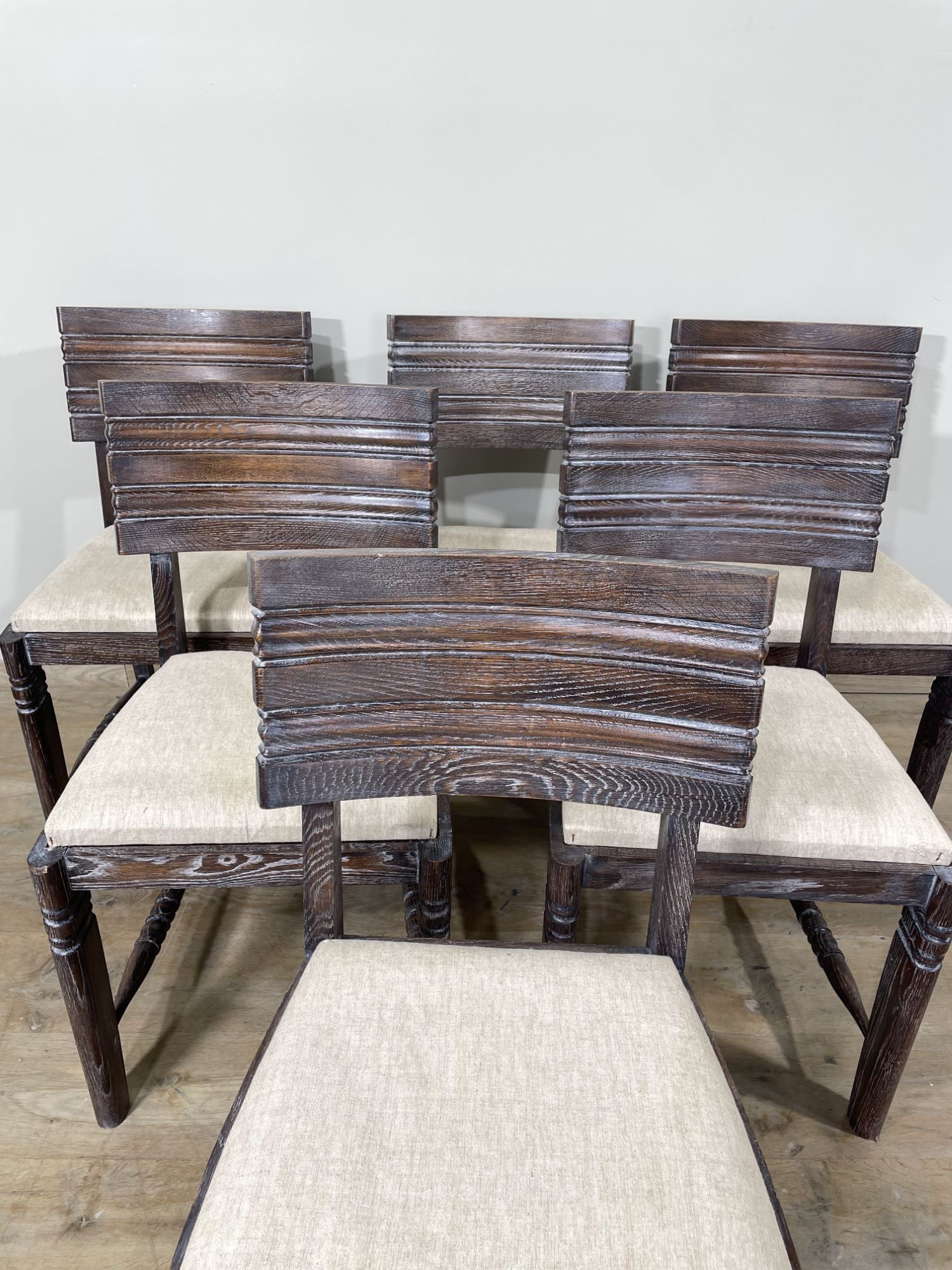 Set of (6) Charles Dudouyt, Cerused Oak Dining Chairs