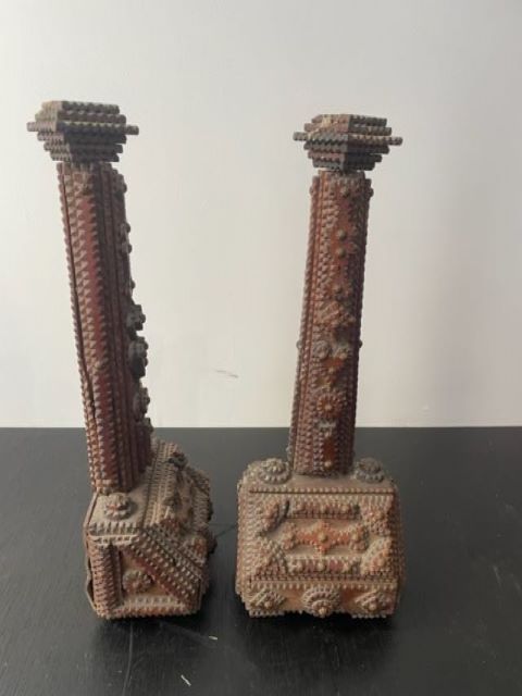 Rare Pair Tramp Art Candlesticks